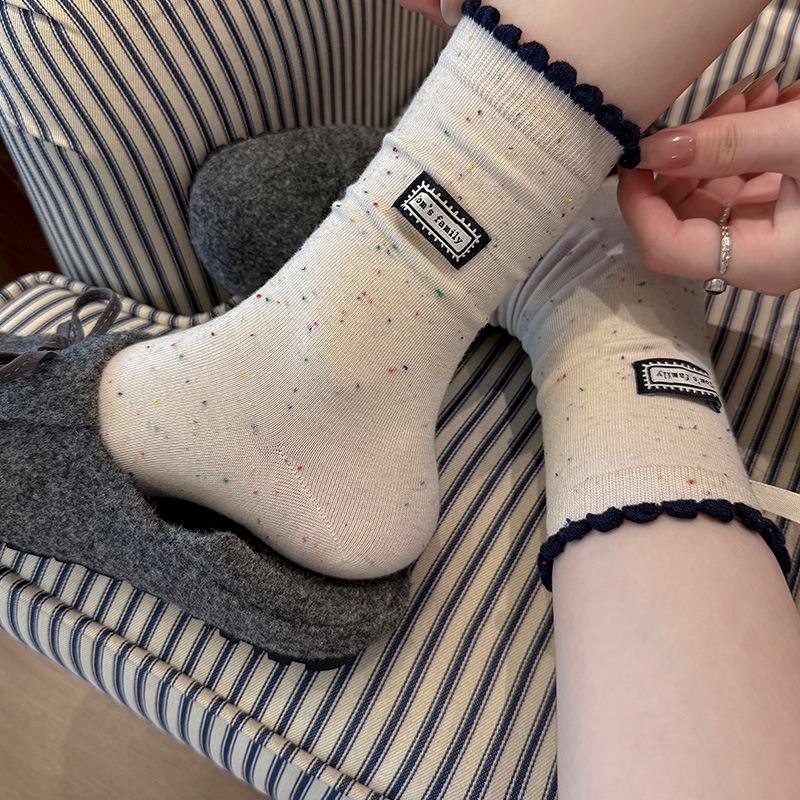 Женские весенне-осенние милые носки-трубы из пряжи с полосками, кружевом и тканой этикеткой с буквой, бесшовные, махровые
