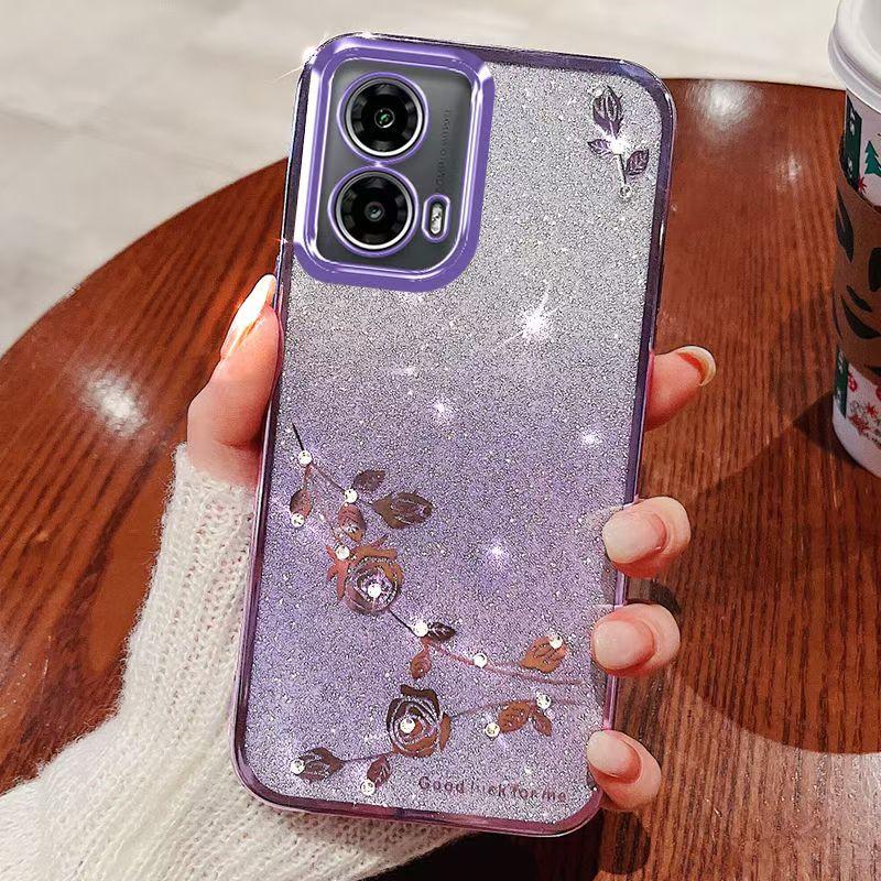 Чехол для телефона Motorola Edge 50 Fusion 5G, розовый цветок, прозрачный противоударный защитный чехол с роскошным бриллиантовым блеском