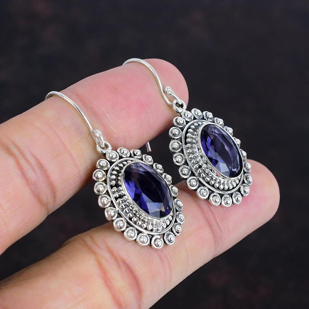 Серьги с граненым африканским аметистом, серебряные серьги 925 пробы, ювелирные изделия с драгоценными камнями, серьги ручной работы, винтажные серьги, подарки для нее, серебряные украшения