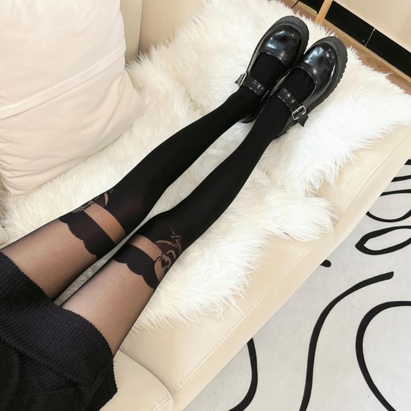 Women Jacquard Pattern Patchwork Mock Suspender Tights Sexy Faux Thigh High Socks JK Girls Black Pantyhose Stockings
