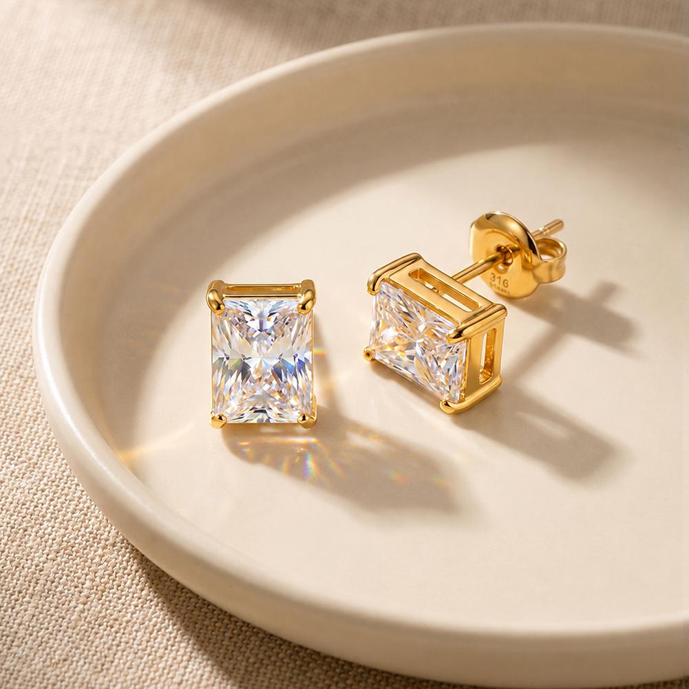 316 Stainless Steel 18K PVD Gold Plated Radiant Cut 5A Cubic Zircon Stud Earrings, Non Tarnish Elegant Daily Jewelry for Women