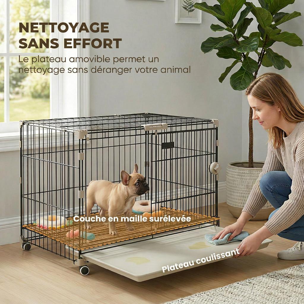Dog Cage, Removable Tray, Wheels with Brakes, Lockable Opening Roof, 75.5x46x64.5cm, Black