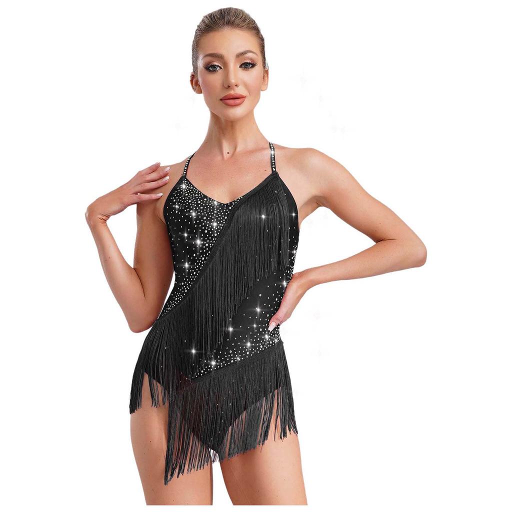 Womens Latin Dance Leotard Sleeveless Halter Neck Rhinestone Tassels Backless Competition Costume