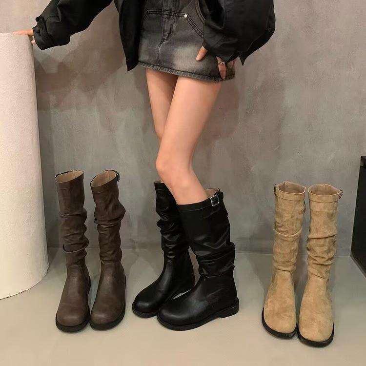 But knee long British knight boots retro western cowboy boots Korean boots slim pleated pile boots women