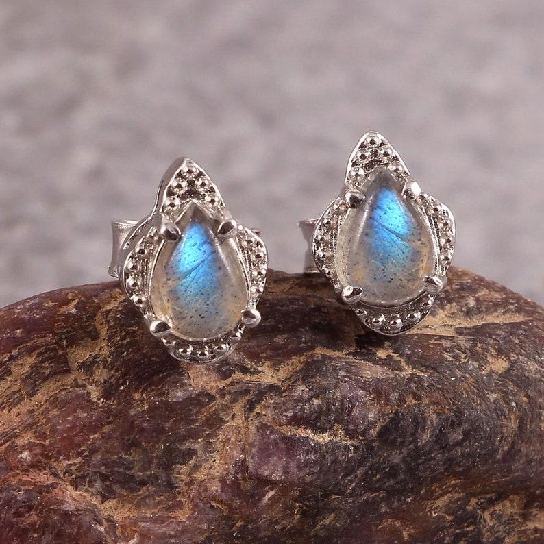 Labradorite Stud , Boho Stud Earrings, Labradorite Earrings Delicate Statement Earrings, 925 Sterling Silver Jewelry, Gift for Her Women,