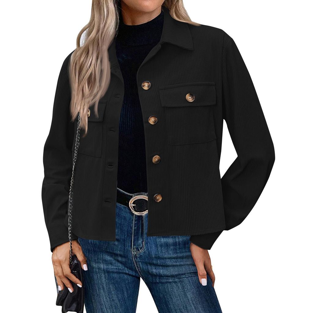 Women's Solid Color Casual Short Corduroy Button Jacket