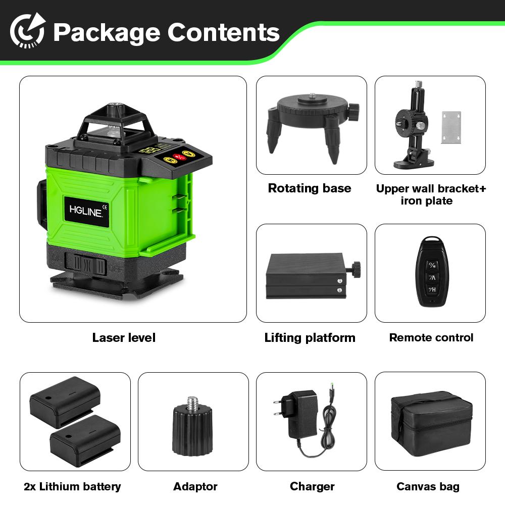 HGLINE 4D 16-линейный лазерный уровень с зеленым светом, лазерный луч, приложение для лазерного уровня, дистанционное управление, горизонтальные и вертикальные уровни, инструменты