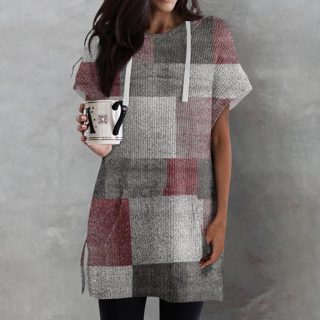 Женские свободные рубашки с принтом, толстовки с короткими рукавами и шнурком, вязаная туника с боковыми разрезами, топы с капюшоном и карманом