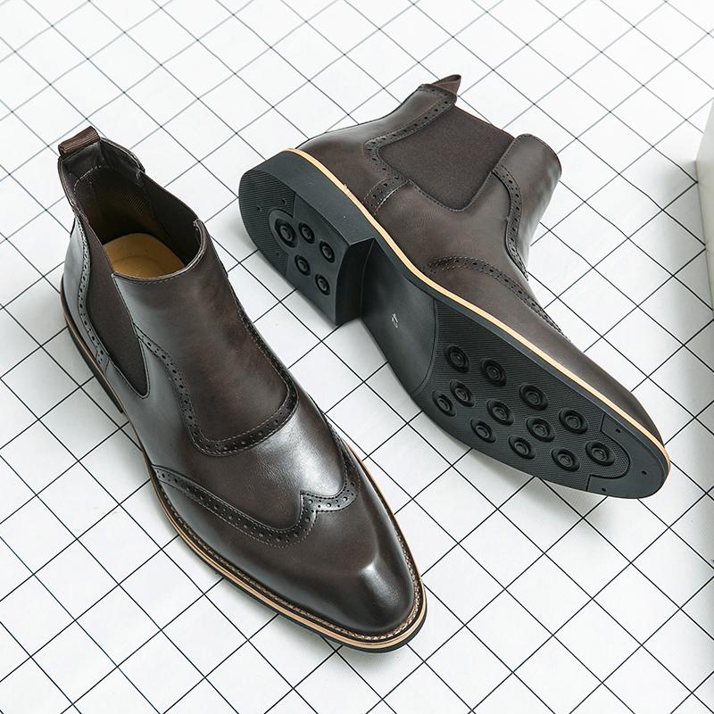 Men's Classic Retro Brogue Chelsea Leather Ankle Boots British Style Casual Business Shoes