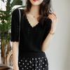 Women's Ice Silk Knitted T-shirt Short Sleeve Summer V-neck Versatile Hollow Knitted Top Thin
