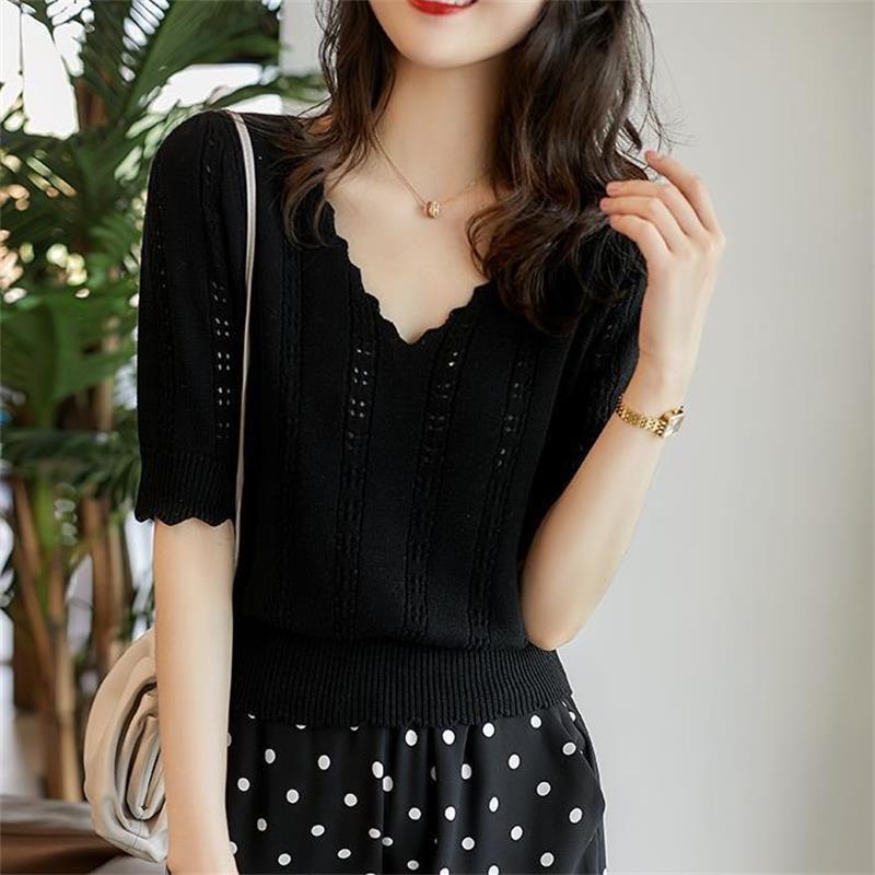 Women's Ice Silk Knitted T-shirt Short Sleeve Summer V-neck Versatile Hollow Knitted Top Thin