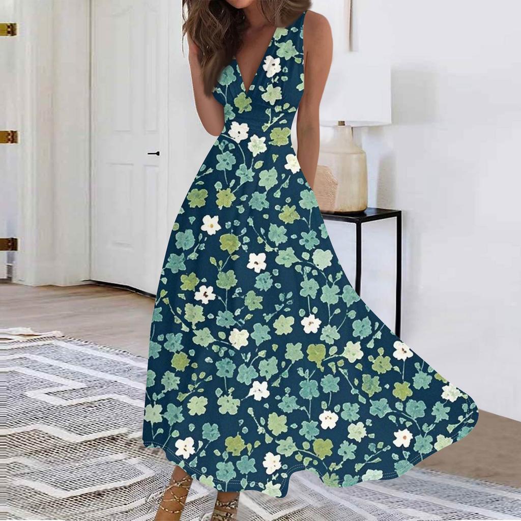 Женские модные повседневные свободные платья с V-образным вырезом без рукавов с принтом
