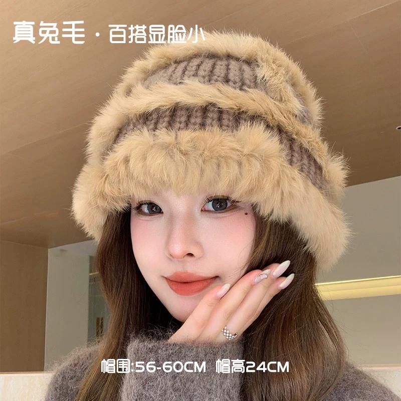 Вязаная шапка-ведро из меха кролика, женская, зима 2023, новая плюшевая утолщенная термошапка с изображением маленького лица