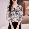 New Silk Top Women's Five-quarter-sleeved Shirt Ink Flower Mother Summer Dress Medium-sleeved Double Crepe Mulberry Silk Shirt Tide