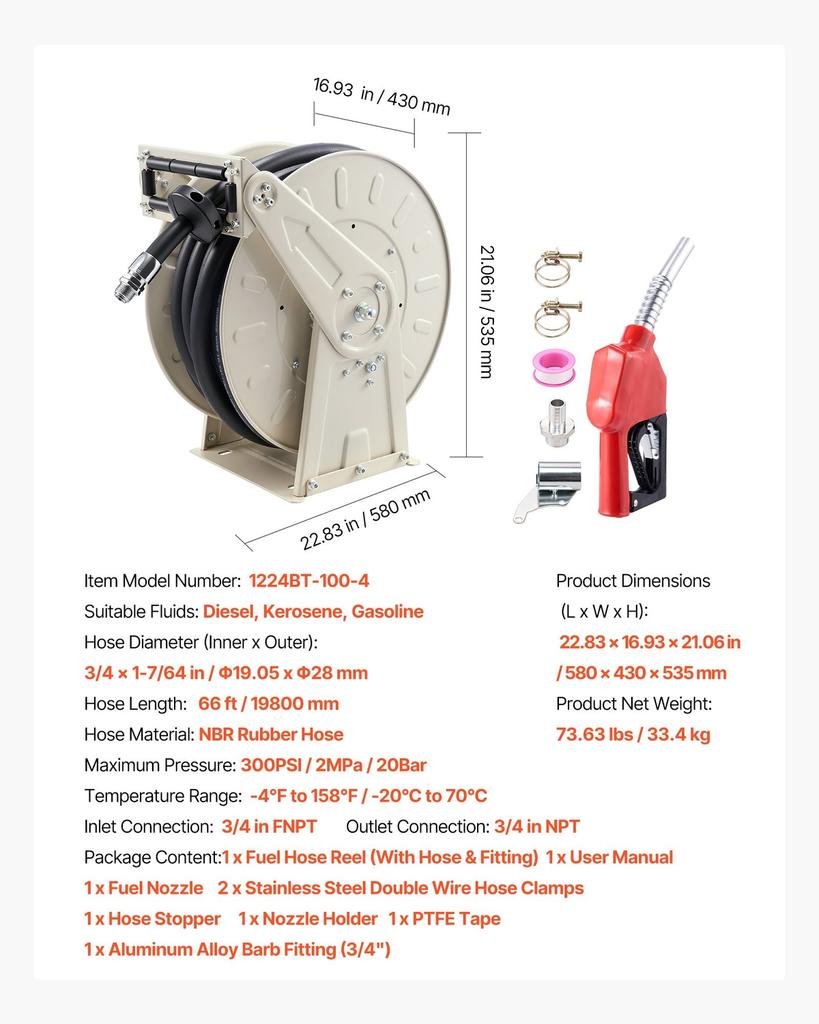 Fuel Hose Reel, 19.05 x 19800 mm Retractable, Spring Driven Auto Swivel Rewind, 300 PSI, Heavy-Duty Carbon Steel Construction with Industrial Grade