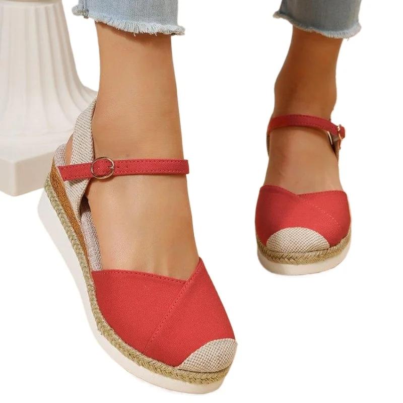 Женские сандалии на танкетке с закрытым носком, женские летние туфли-гладиаторы с пряжкой и ремешком, женские модные эспадрильи на платформе, Sandalias Mujer