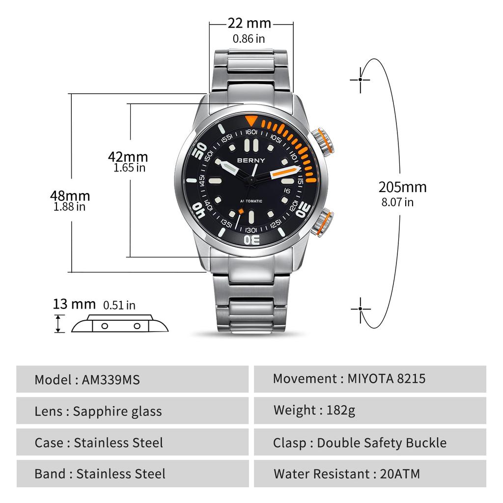 BERNY Watch Мужские механические часы с ручным заводом Автоматические часы для дайвинга на глубине 200 м Наручные часы Твердость HV600 Сапфировое стекло Прочная нержавеющая сталь
