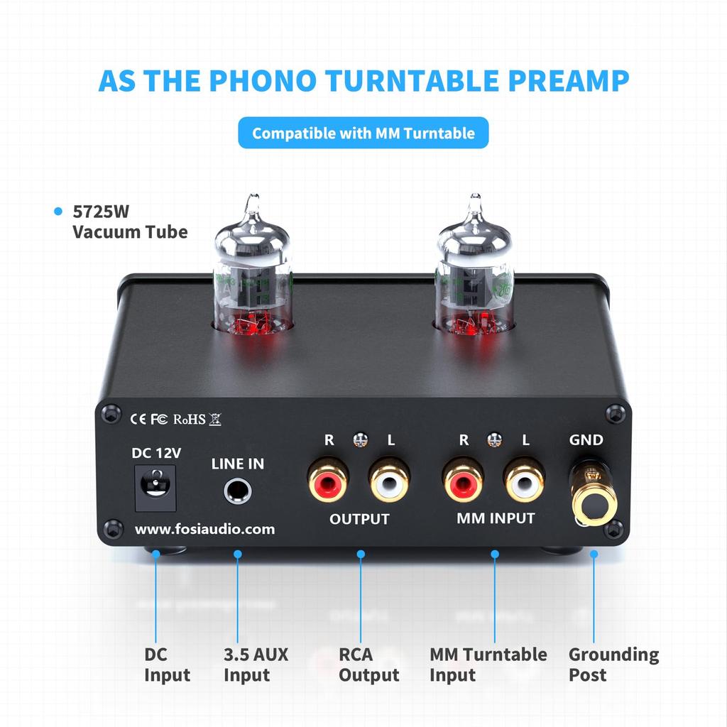 Fosi Audio BOX X4 Фонокорректор Усилитель для наушников с вакуумным предусилителем 6J1 для MM-проигрывателей и предусилитель для пластинок с регуляторами низких и высоких частот