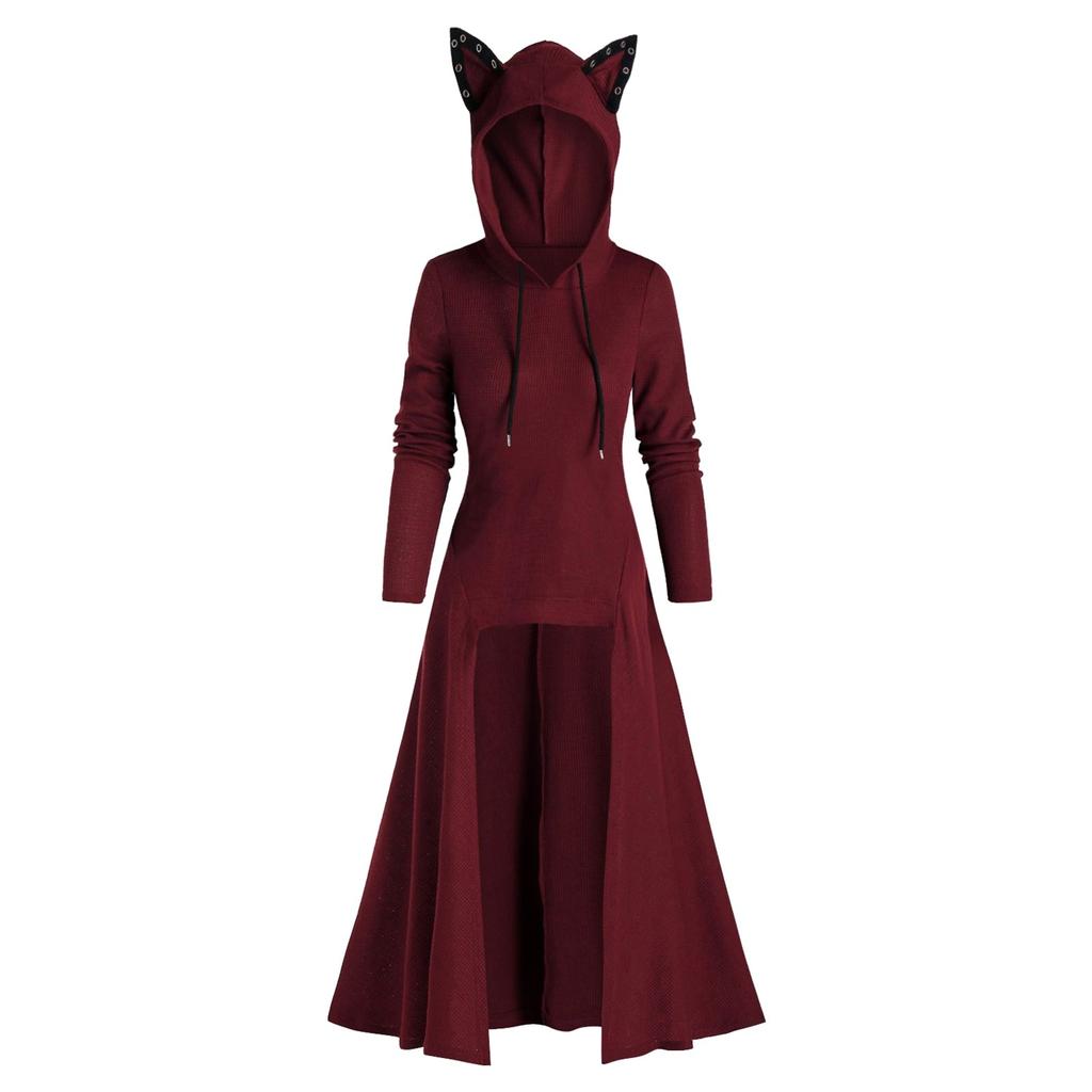 Womens Cat Ears Hooded Plus Size Vintage Cloak High Low Sweater Blouse Tops