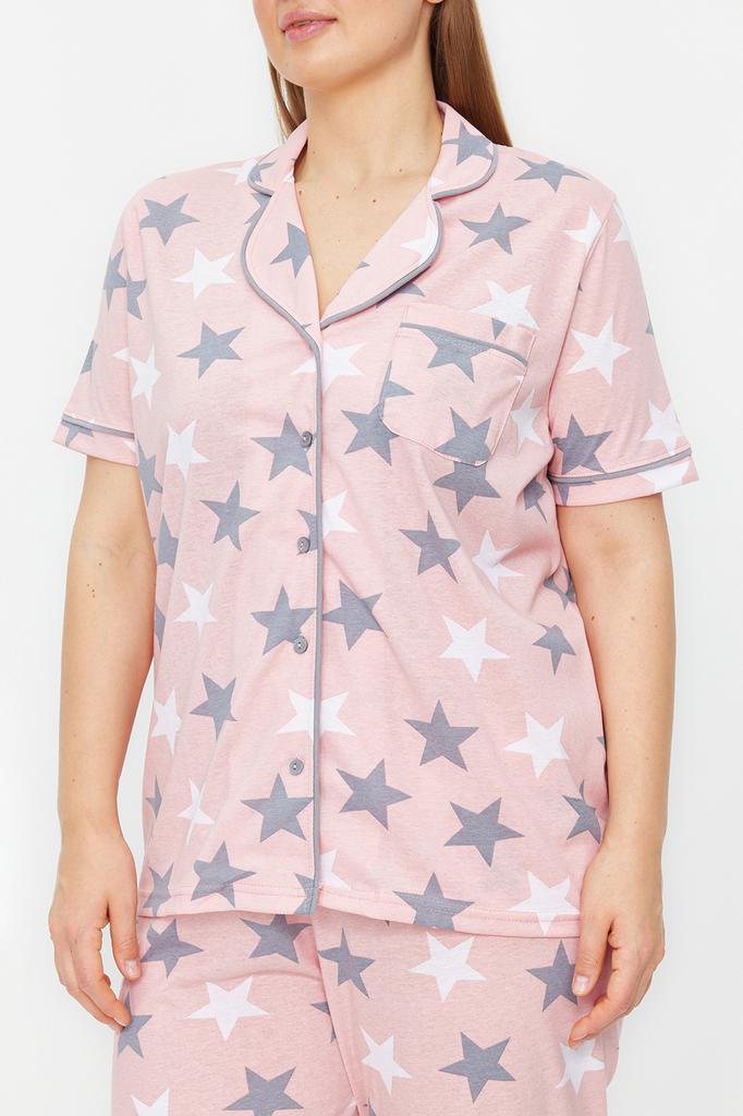Women's Fashion New Plus Big Size Pajama Set Powder Star Patterned Shirt Collar Knitted Pajama Set
