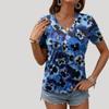 Women's V-neck Short Sleeved Blue Floral Print Top Loose T-shirt Casual Shirt