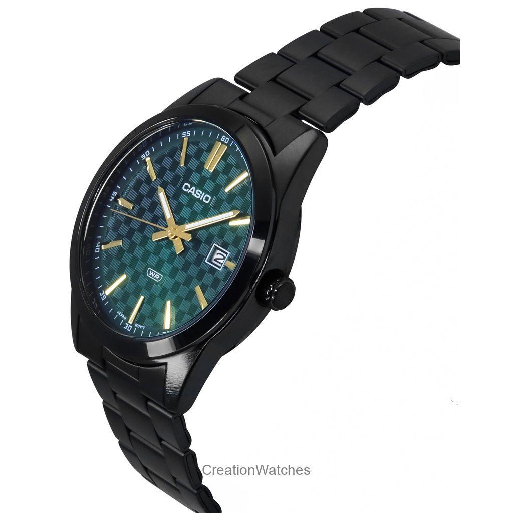 Casio Стандартные аналоговые кварцевые мужские часы из нержавеющей стали с ионным покрытием и зеленым циферблатом MTP-VD03B-3A
