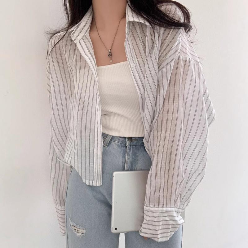 Свободная и универсальная легкая рубашка с солнцезащитным кремом в стиле ленивой моды, женская рубашка с длинными рукавами и короткими полосками в стиле ретро