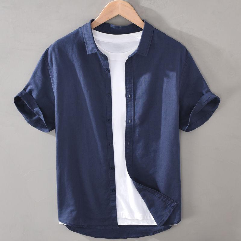 Мужская льняная рубашка темно-синего цвета с короткими рукавами — воротник-стойка, свободный крой, дышащая, универсальная, в японском ретро-стиле, повседневная.