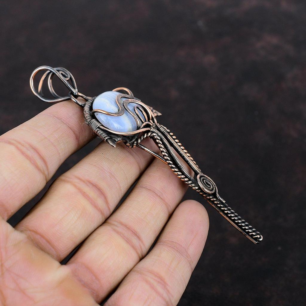 Голубой кружевной агатовый кулон, медная проволочная обертка, ювелирное изделие, натуральный драгоценный камень, проволочная обертка, кулон ручной работы в стиле бохо, медный кулон для подарка