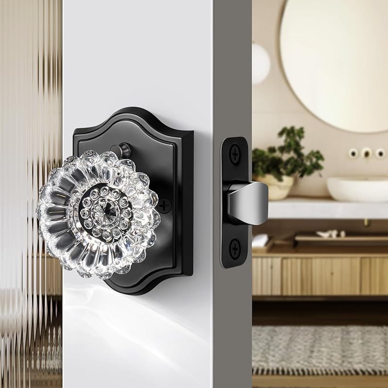 Privacy Crystal Door Knob, Gold Vintage Crystal Door Knob with Privacy Lock, Glass Doorknob Interior for Bathroom, Bedroom, Satin Brass