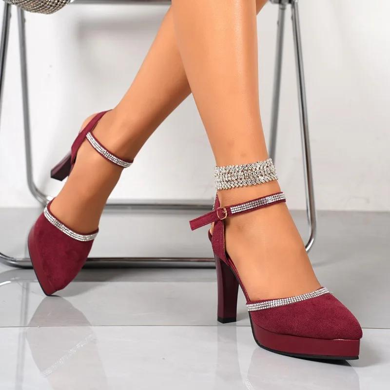 Женская обувь больших размеров, женские сандалии с закрытым носком, элегантные сандалии для платья, женские туфли на высоком каблуке с ремешком и кристаллами