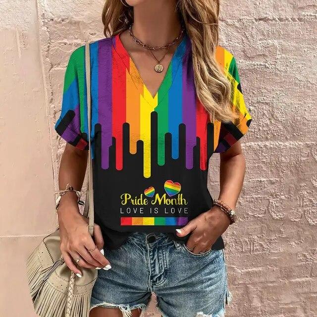 Женская футболка с 3d радужным принтом, топы, модные повседневные футболки с v-образным вырезом, одежда Pride Month, летние женские пуловеры большого размера