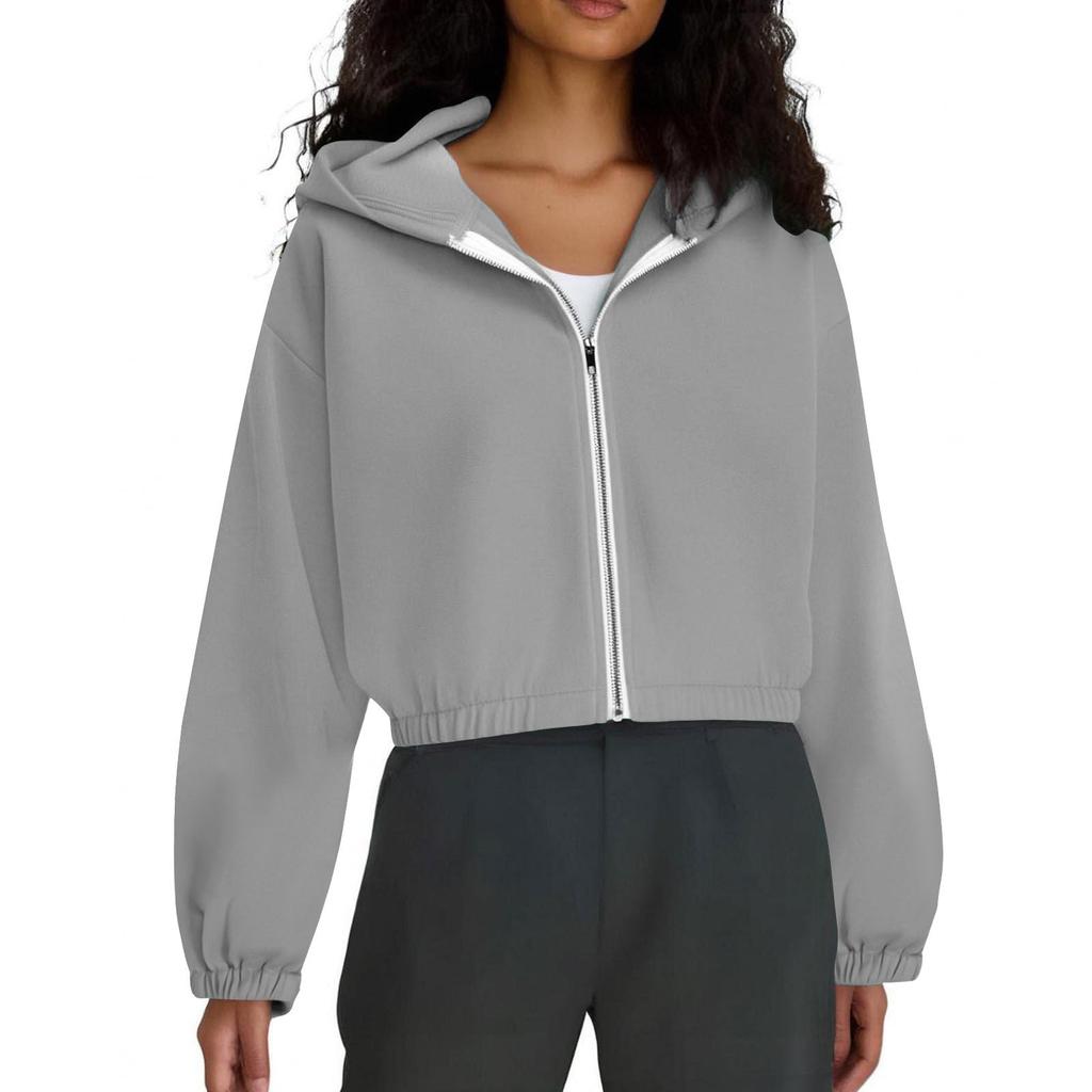 Women's Fashion Solid-Color Hooded Jacket Short-Length Zipper Sweatshirt Outerwear