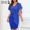 Женская мода лето весна пятно печати с коротким рукавом V-образным вырезом с высокой талией повседневные платья