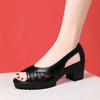 Women's High Heels Fashion Block Heel Platform Pumps Sexy Hollow Mesh Leather Panels Peep-toe Sandals Ladies Black Leather Shoes