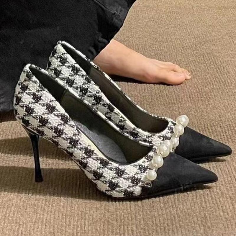 Fashion Fashion Pearls Decoration High Heels Shoes Women Plaid Thin Heels Party Pumps for Woman Spring Autumn Pointed Toe Pumps Female