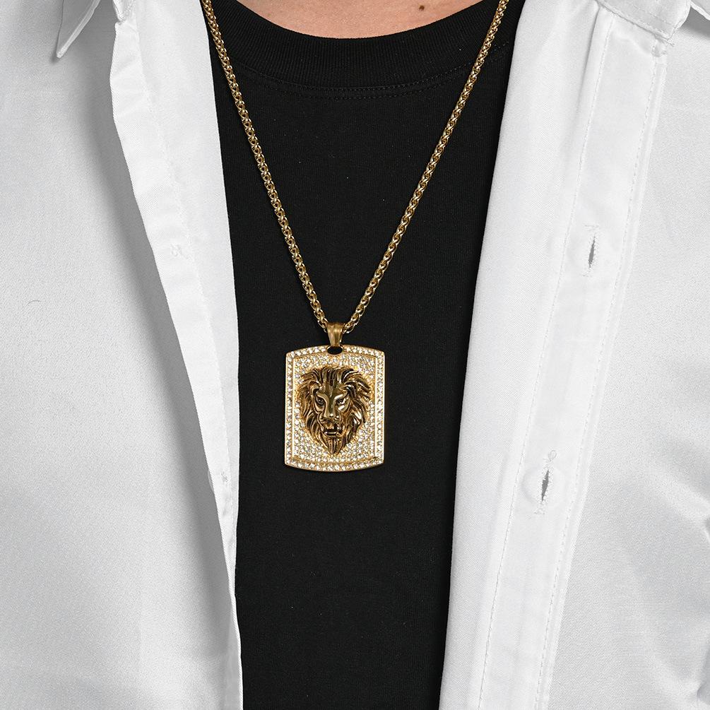 European and American Popular Hip Hop Style Full Diamond Lion Head Titanium Steel Necklace Men's Trend Hiphop Pendant