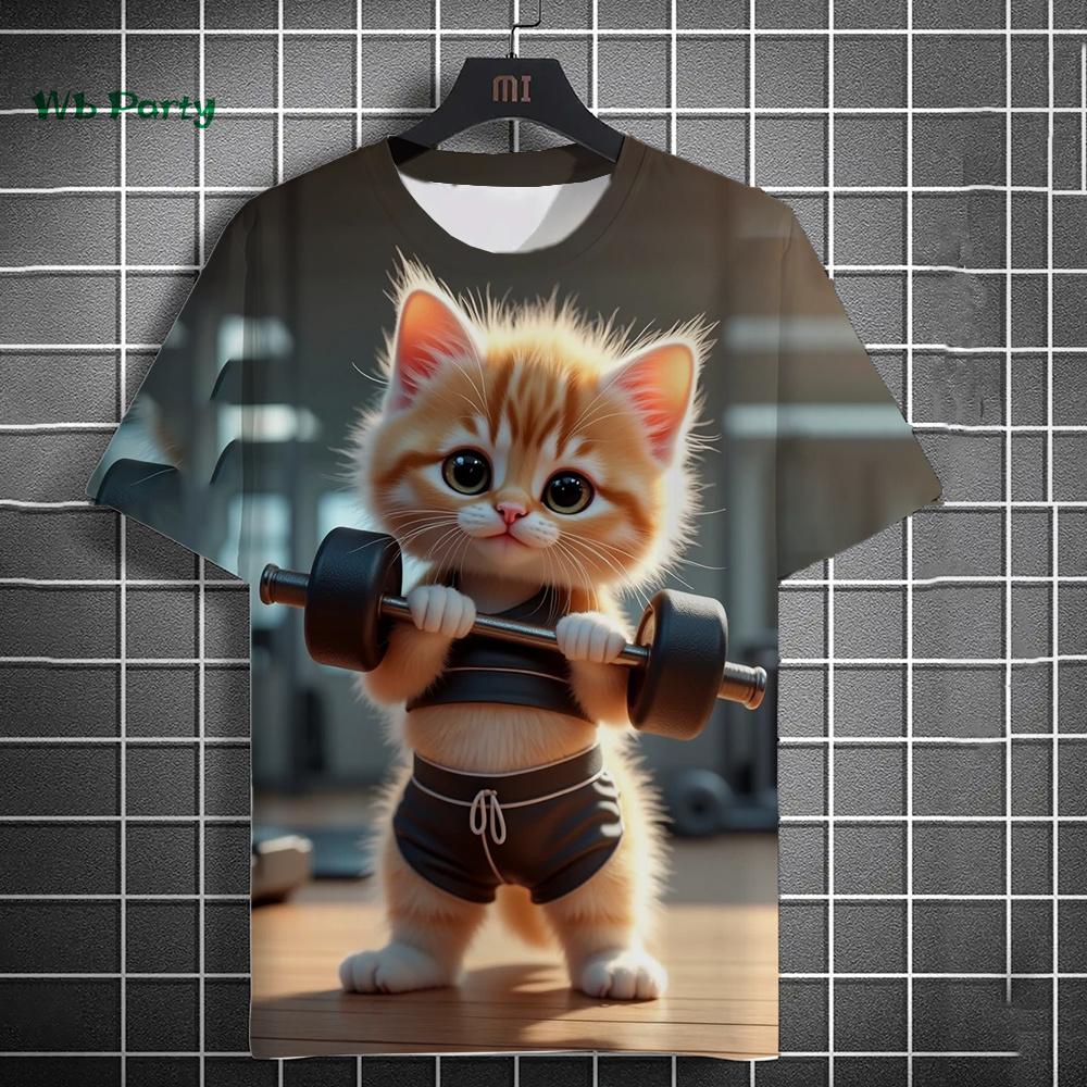 Забавная футболка с 3D-принтом кота для фитнеса, с коротким рукавом, для мужчин, креативная хип-хоп, крутая, с круглым вырезом, летняя, уличная, повседневная, с принтом животного, с коротким рукавом