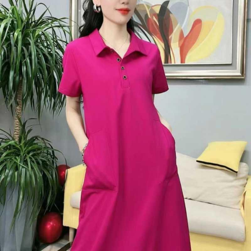 Women's Summer Knee Over Hip Long Solid Color T-shirt Skirt Casual Polo Dress