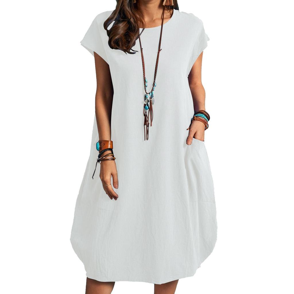 Spring/Summer 2022 European/American Loose Casual Solid Color Pocket Dress for Women In Cotton/Linen Fabric