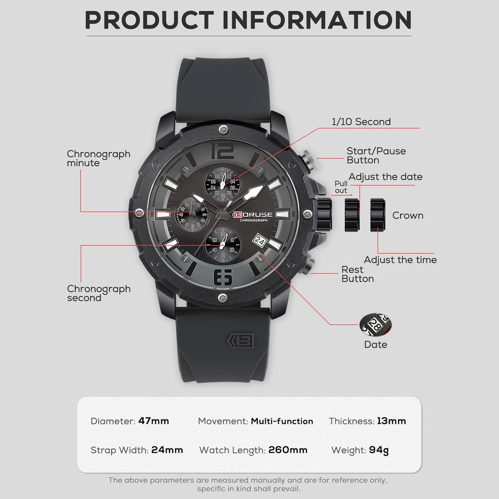 BORUSE Мужские часы Мужские часы с большим циферблатом Силиконовый ремешок Мужские кварцевые часы Классические деловые часы Многофункциональные часы-хронограф