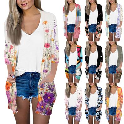 Женский модный свободный повседневный кардиган с принтом и карманами, куртка с рукавом семь восьмых, топ