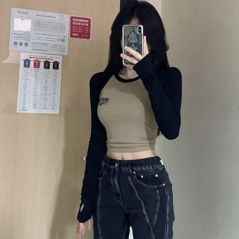 Y2K Graphic Print T-shirt Women Spring Long Sleeve O Neck Crop Tops Vintage Harajuku Crop Top