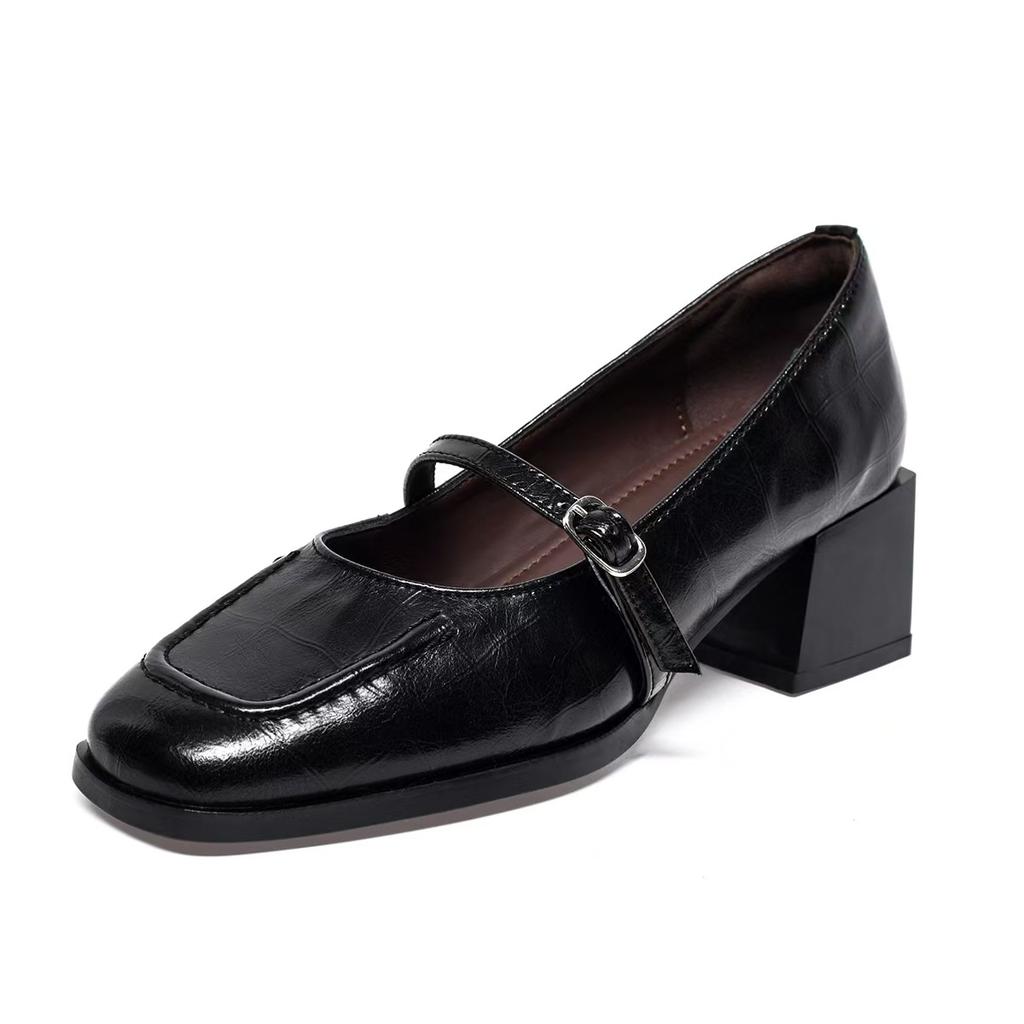 Square Head Mary Jane Shoes Women's Spring New Elegant Shallow Mouth Single Shoes One-word Buckle Thick Heel Women's High Heels