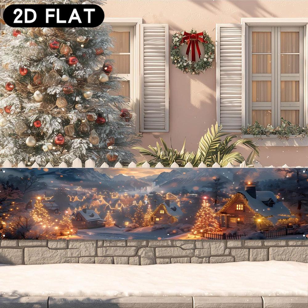 Christmas Snow Scene Long Banner, Santa Snowman Reindeer Gingerbread Tree Snowy Cabin Mountain Design, Polyester Outdoor Fence Decoration