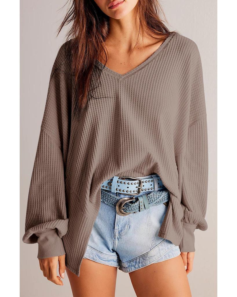 Azura Exchange Кофейная вафельная блузка с V-образным вырезом, длинными рукавами и заниженной линией плеч