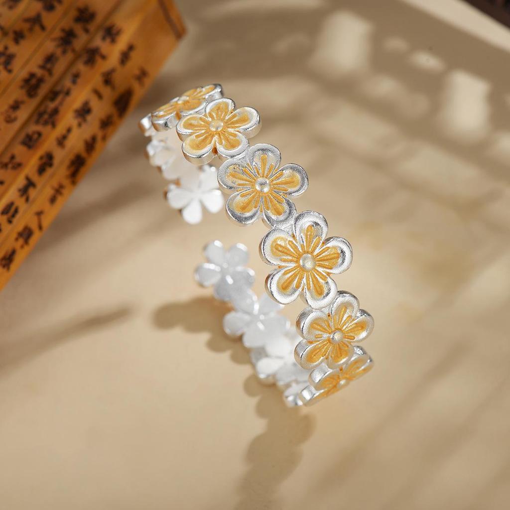 Peach Blossom Enamel Bracelet: Silver-Plated White Copper Bangle In New Chinese National Style