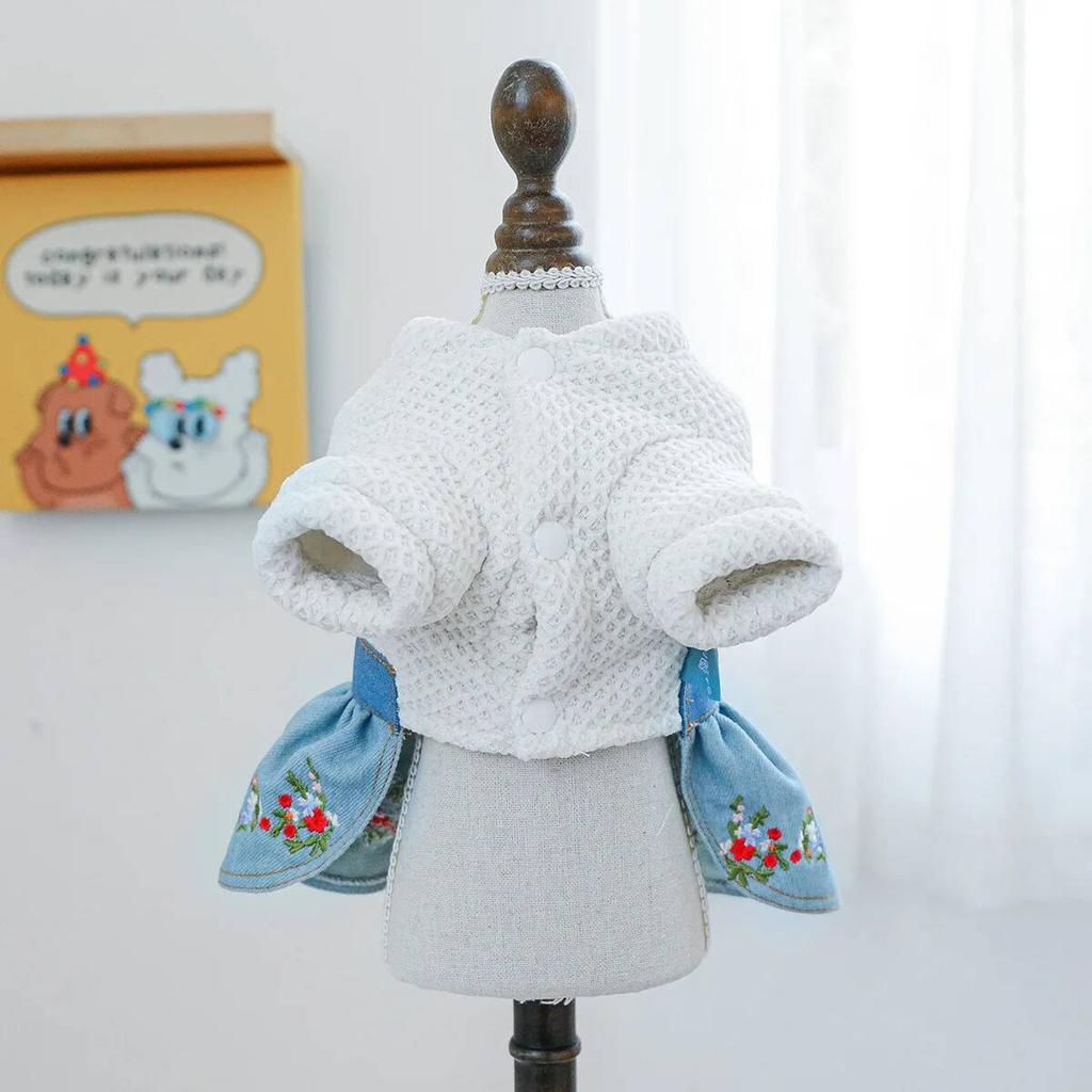 BXX Pet Denim Dress Spring Floral Embroidery Bow Skirt With Traction Hole For Small Puppies XS-XL Single Color
