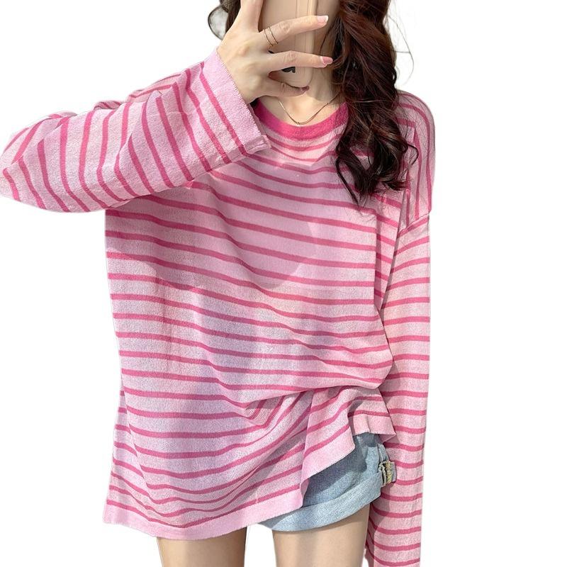 Тонкая полосатая футболка для женщин, свободные универсальные солнцезащитные женские футболки, летний женский свитер с круглым вырезом, одежда