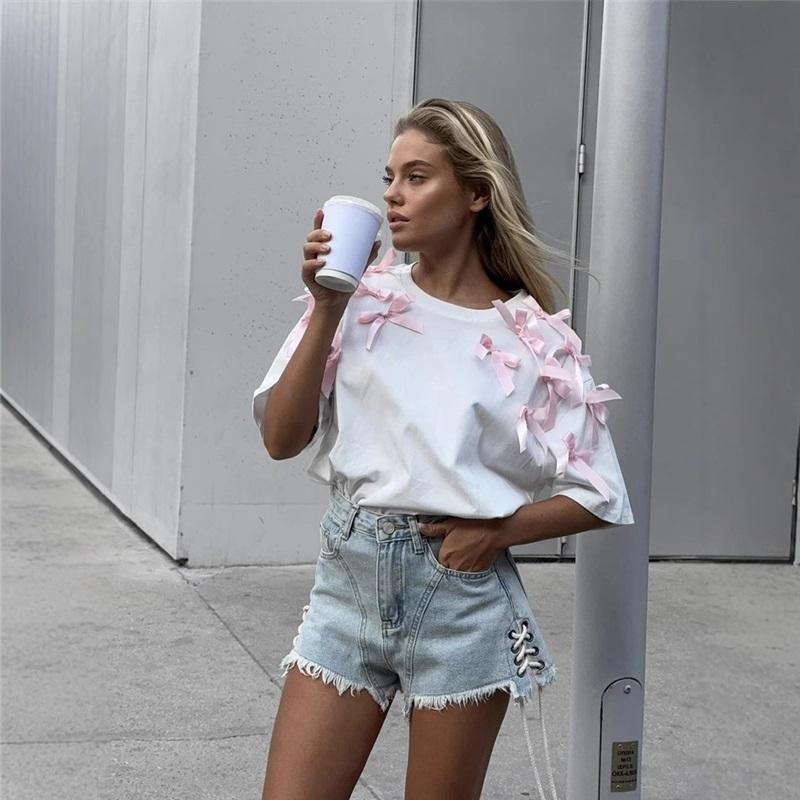 Милая футболка для девочки в европейском и американском стиле с ленточным бантом, свободная, с коротким рукавом, свободный повседневный топ из чистого хлопка
